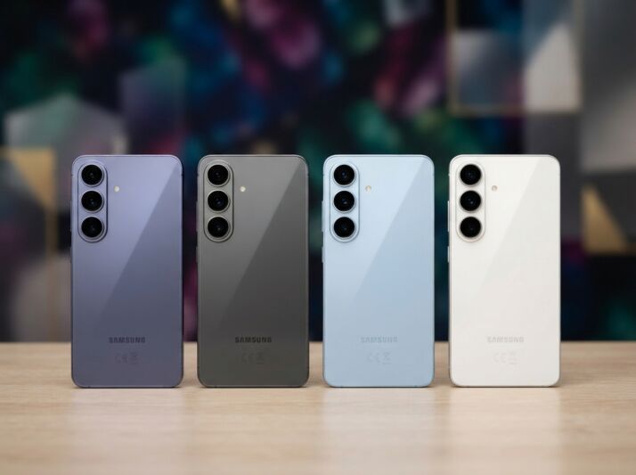Quatre smartphones Samsung de couleurs différentes alignés sur une table.