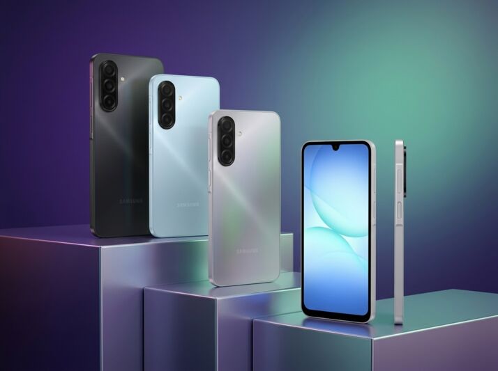 Quatre smartphones Samsung disposés sur des socles cubiques devant un fond dégradé bleu et violet.