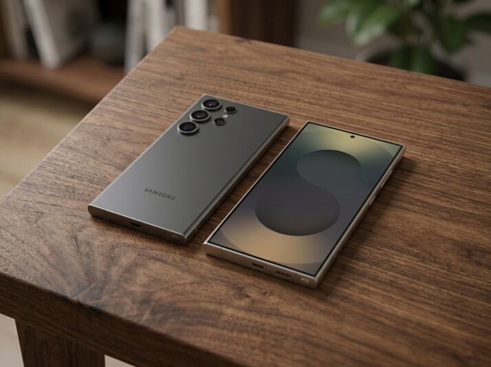 Deux smartphones Samsung posés sur une table en bois.
