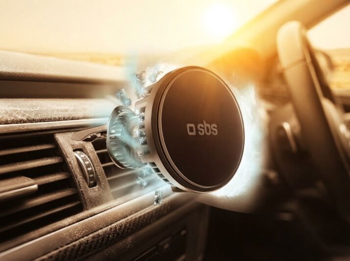 Support de téléphone magnétique SBS fixé sur la grille de ventilation d'une voiture avec effet de froid.