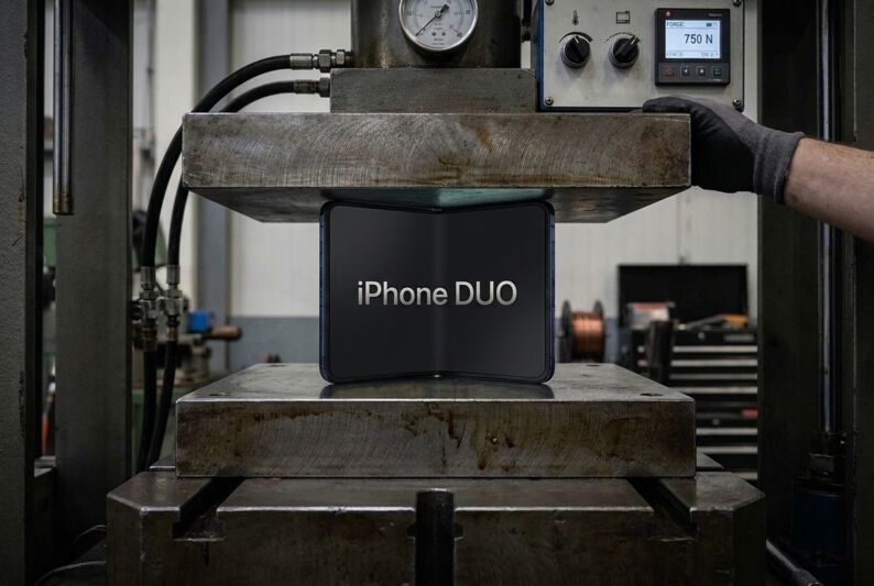 Un smartphone pliant iPhone DUO placé sous une presse hydraulique industrielle pour un test de résistance.