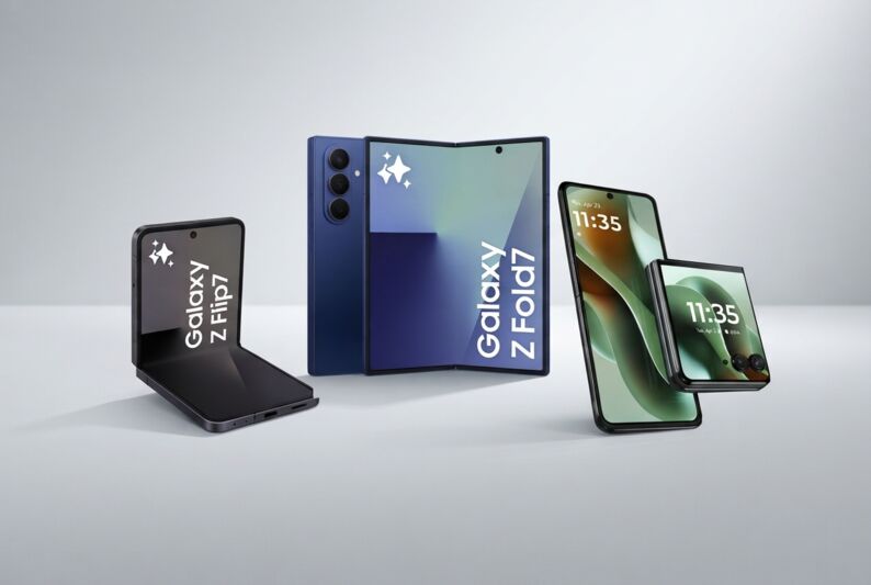 Trois smartphones posés côte à côte sur une surface plane.
