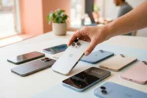 Une main choisit un smartphone reconditionné parmi plusieurs modèles disposés sur un fond clair et lumineux.