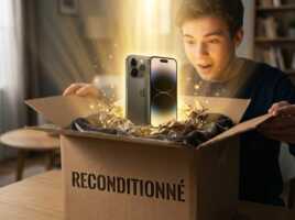 Un adolescent ouvre un carton contenant un smartphone reconditionné avec une lumière émanant de l'intérieur.