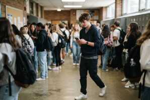 Un adolescent tenant un smartphone dans une cour d'école.