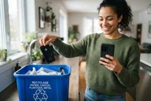 Une personne jette un iPhone dans un bac de recyclage tout en tenant un smartphone Android avec satisfaction.
