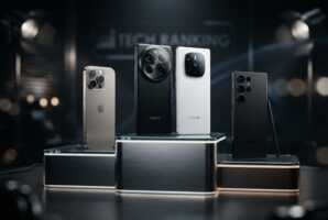 Podium avec smartphones Oppo et Vivo au premier plan, iPhone et Samsung en retrait dans un studio sombre.