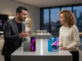 Un homme et une femme se font face avec un iPhone 13 Pro Max et un iPhone 14 posés sur une table entre eux.