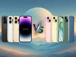 Comparaison visuelle entre l'iPhone 14 Pro et l'iPhone 15 Plus avec un symbole VS au centre.
