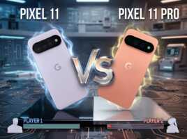 Comparaison visuelle entre un Google Pixel 11 et un Pixel 11 Pro sur un fond technologique.