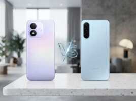 Comparaison de deux smartphones, l'un violet et l'autre bleu clair, posés sur un comptoir.
