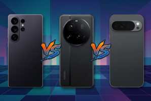 Trois smartphones alignés sur un fond coloré avec des logos VS stylisés.