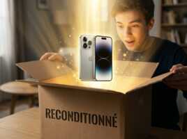 Un jeune homme ouvre un carton marqué reconditionné contenant un iPhone 14 Pro entouré d'une lueur dorée.