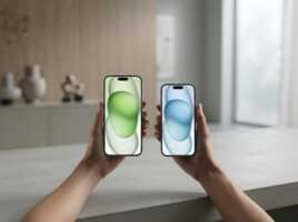 Deux mains tenant deux smartphones avec des fonds d'écran abstraits vert et bleu sur une table.