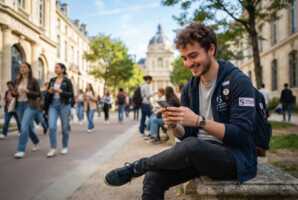 Un étudiant utilisant un smartphone.