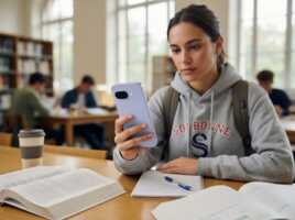 Étudiante en sweat Sorbonne tenant un smartphone Pixel 9a dans une bibliothèque universitaire.