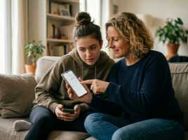 Une femme et une adolescente assises sur un canapé regardent ensemble l'écran d'un smartphone.