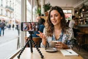 Une femme se filme avec un smartphone pour les réseaux sociaux.