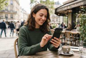 Une femme tenant un smartphone Google Pixel dans sa main.