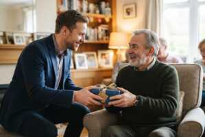 Un homme de 40 ans remet un cadeau à un homme de 60 ans.