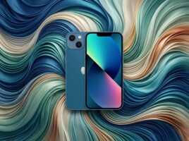 iPhone 13 bleu posé sur un fond aux motifs de vagues colorées.