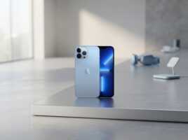 iPhone 13 Pro bleu posé sur une surface métallique avec des accessoires en arrière-plan.