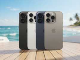 Quatre iPhone 15 Pro de couleurs différentes alignés au centre sur un pont de bateau avec une plage en arrière-plan.
