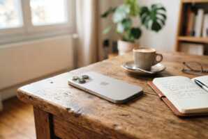 iPhone 15 Pro posé sur une table en bois.