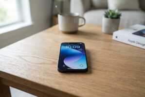 iPhone 16 posé sur une table, vue de face.