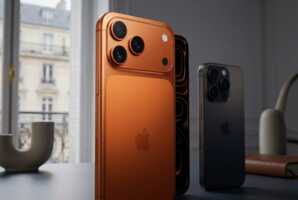 iPhone 17 Pro Max au premier plan et iPhone Pro en retrait sur un bureau dans un intérieur français.
