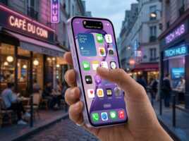 Main tenant un iPhone 17 violet dans une rue avec des enseignes lumineuses.