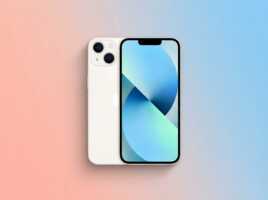 Vue de face et de dos d'un iPhone blanc sur un fond dégradé bleu et orange.