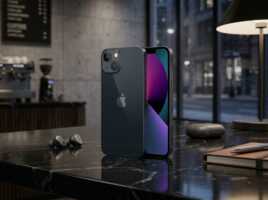 Un smartphone photographié sur un comptoir, éclairage intérieur, style publicitaire.