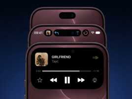 Trois smartphones affichant l'interface Dynamic Island avec le lecteur de musique actif.