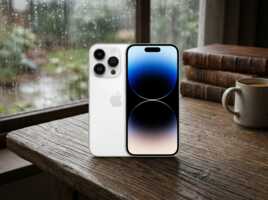 Un iPhone photographié sur une table en bois, éclairage naturel, style photographie de produit.