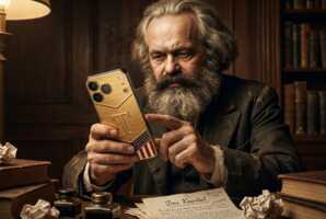 Karl Marx tenant un smartphone T-Great de Caviar dans sa main.