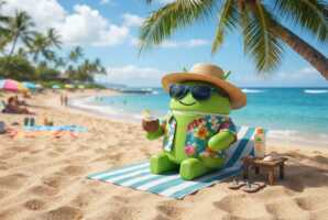 Le robot Android portant des lunettes de soleil sur une plage.