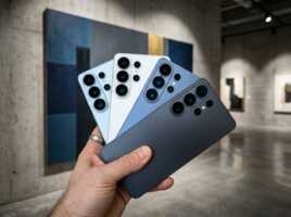 Main tenant quatre smartphones de couleurs différentes dans une galerie d'art, éclairage intérieur, photographie produit.