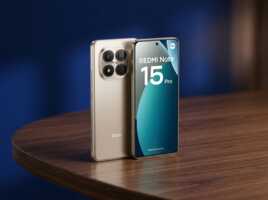 Un smartphone Redmi Note 15 Pro posé sur une table en bois, éclairage studio, photographie de produit.