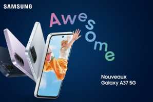 Publicité Samsung présentant trois smartphones Galaxy A37 5G de couleurs différentes sur fond bleu.