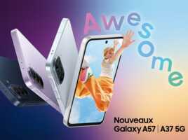Trois smartphones Samsung Galaxy A57 et A37 5G présentés sur un fond dégradé avec le mot Awesome.