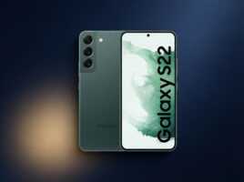 Smartphone Samsung Galaxy S22 vert présenté de face et de dos sur un fond bleu.