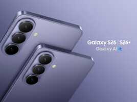 Deux smartphones Samsung Galaxy S26 et S26+ sur fond violet avec le texte Galaxy AI.