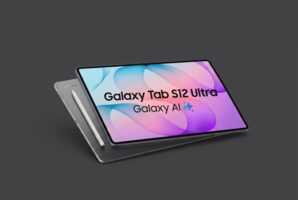 Tablette Samsung Galaxy Tab S12 Ultra avec stylet sur fond gris.