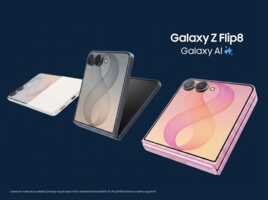Trois smartphones Samsung Galaxy Z Flip8 présentés sur un fond bleu nuit avec le logo Galaxy AI.
