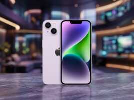 Smartphone Apple violet posé sur une surface en marbre avec un arrière-plan flou.