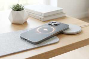 Smartphone en charge sans fil sur un socle magnétique, posé sur un bureau lumineux avec des accessoires modernes.