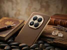 Un smartphone photographié sur une table en bois, éclairage latéral, style photographie de produit.