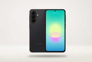 Smartphone posé sur un fond uni.