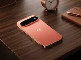 Smartphone Google Pixel posé sur un bureau en bois avec un réveil et un carnet.